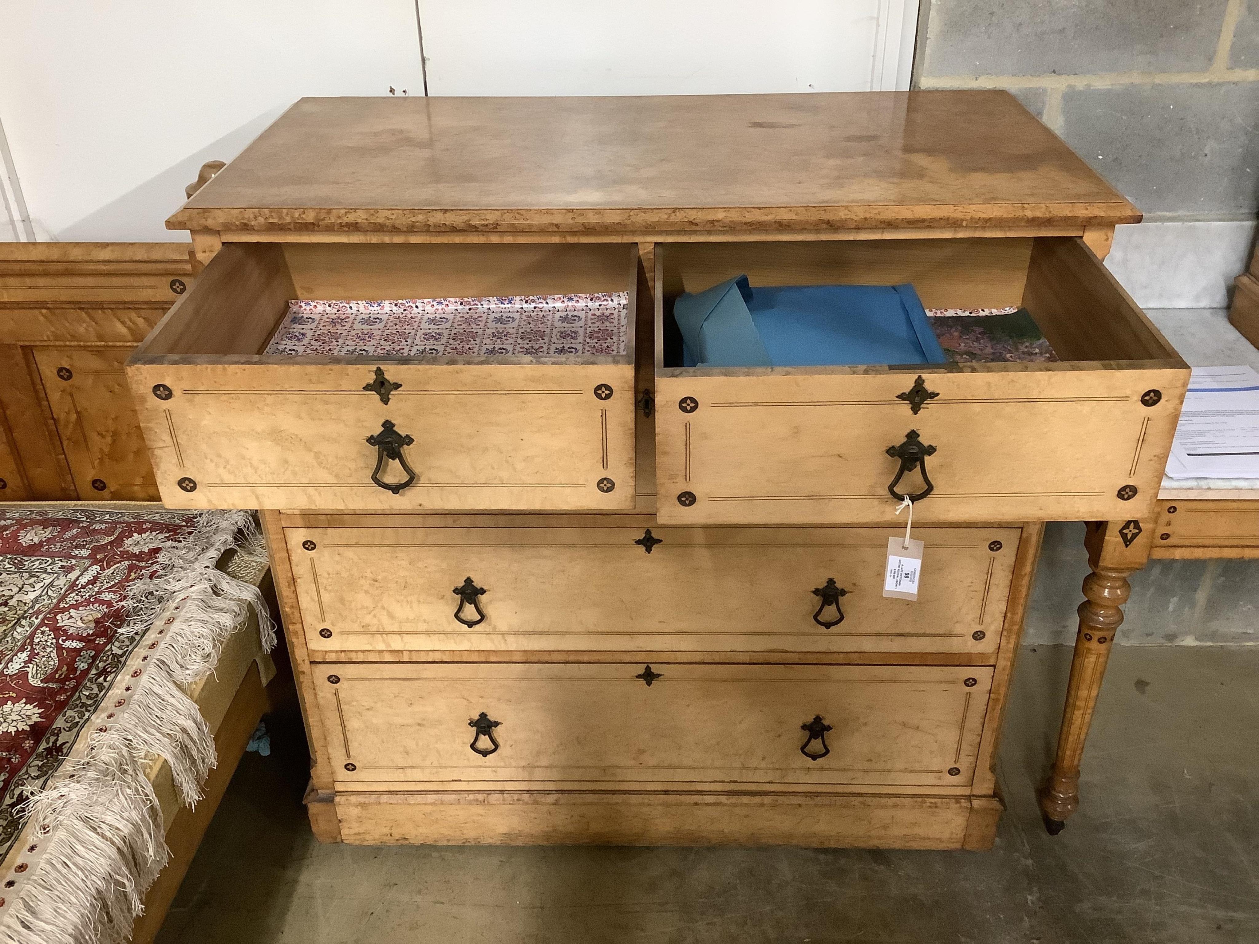 A late Victorian Gothic revival ebony inlaid, bird's eye maple bedroom suite, manner of Charles Bevan, comprising 5ft bed frame, kneehole dressing table, chest of drawers, marble top washstand, bedside cabinet, commode a